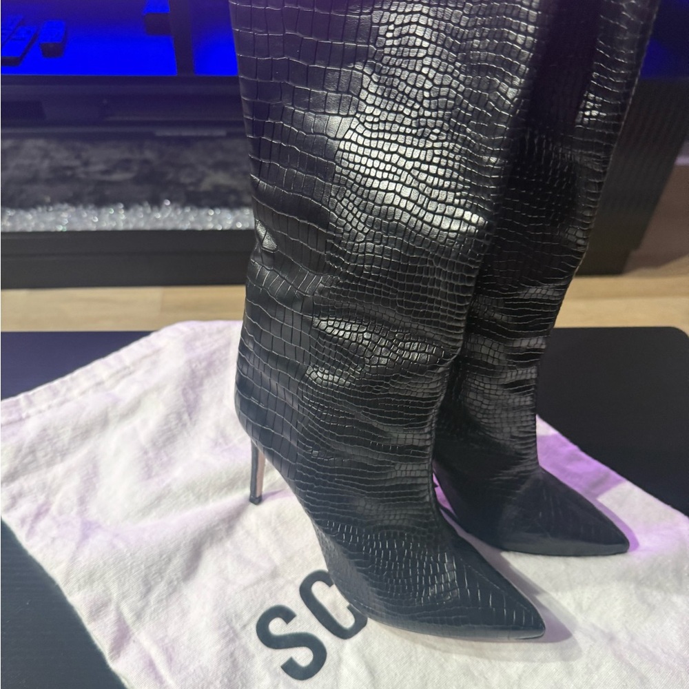 Black Croc-Embossed Over-The-Knee leather  Stiletto Boots